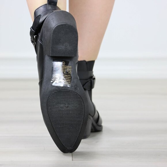 Womens Ankle Boots Low Block Heel Brown Synthetic Leather Pointed Toe Buckles - Picture 11 of 11